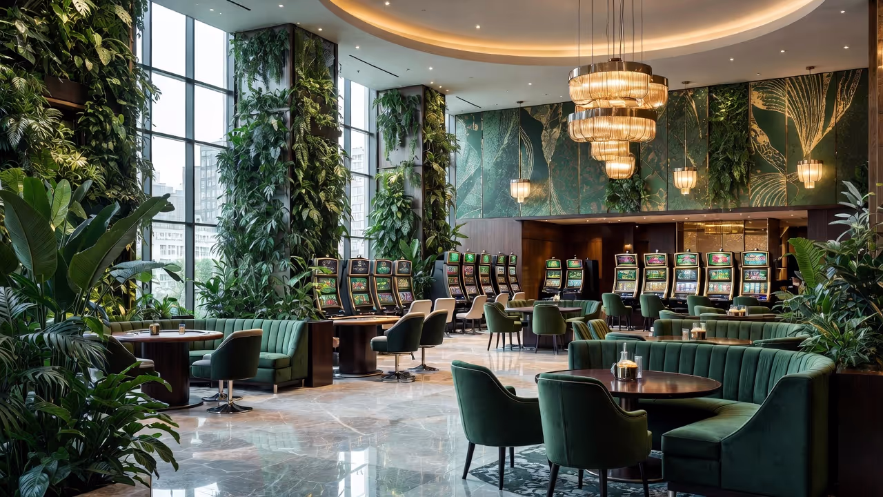 Foret verte luxuriante poussant autour de tables de casino futuristes lumineuses avec des panneaux solaires et des symboles ecologiques en arriere-plan